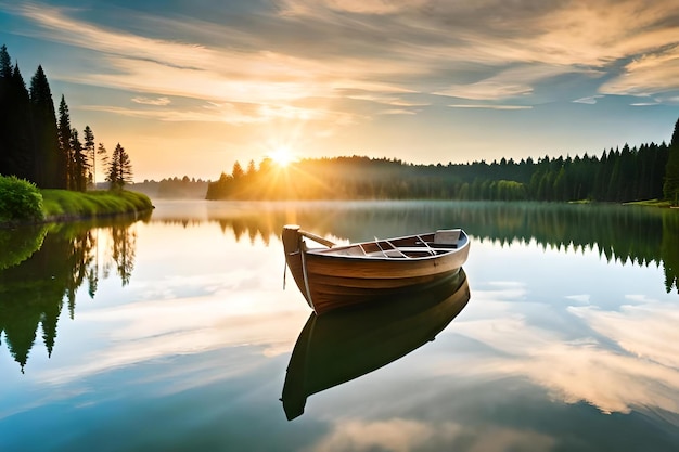 Un bateau sur un lac au coucher du soleil