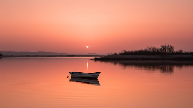 Un bateau sur un lac avec le coucher de soleil derrière lui