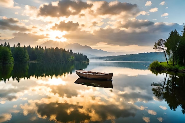 Un bateau sur un lac avec un décor de montagne