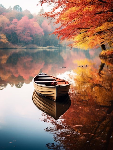 un bateau sur un lac avec du feuillage d'automne en arrière-plan.