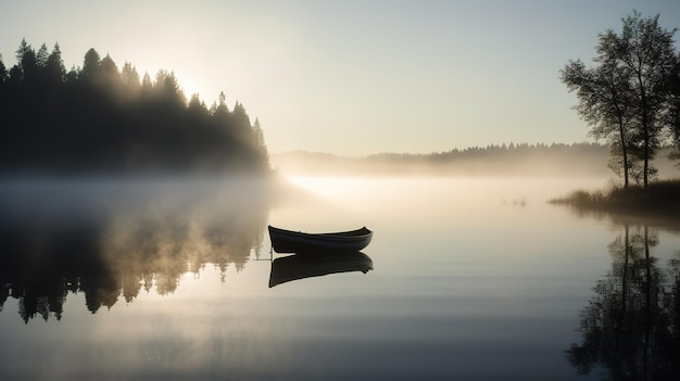 Un bateau sur un lac avec un fond brumeux