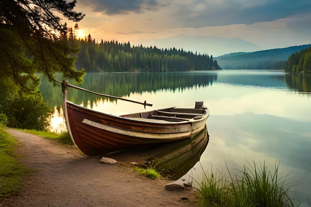 un bateau sur un lac avec un fond de montagne