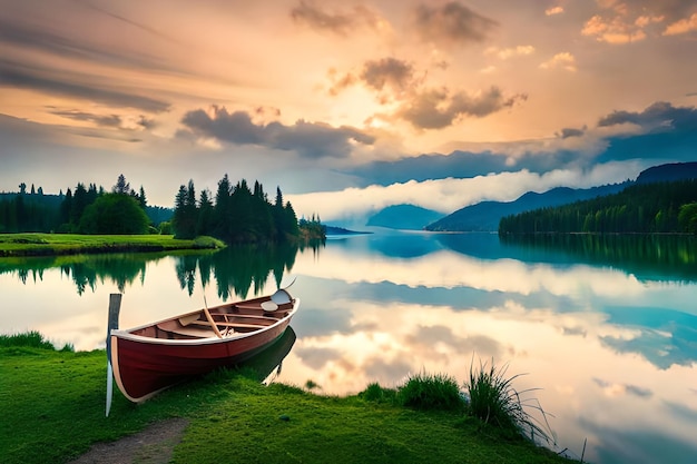un bateau sur un lac avec un lac et des montagnes en arrière-plan