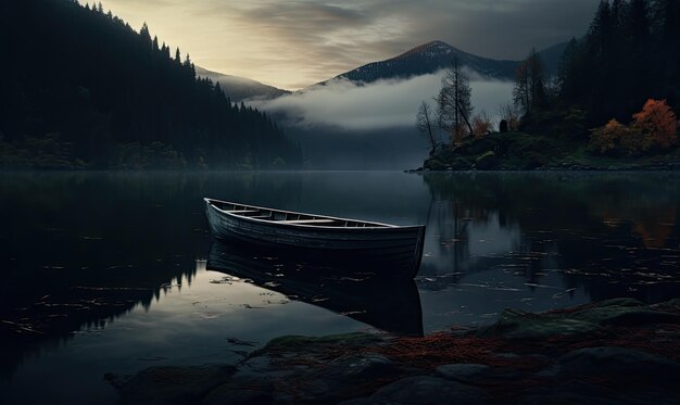 Un bateau sur un lac avec une montagne en arrière-plan.