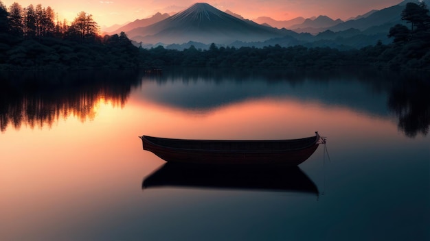 Un bateau sur un lac avec une montagne en arrière-plan