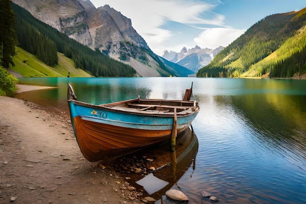 Un bateau sur un lac avec une montagne en arrière-plan