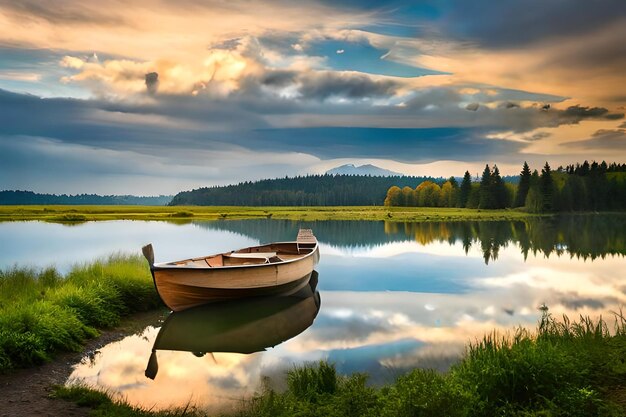 Un bateau sur un lac avec une montagne en arrière-plan.