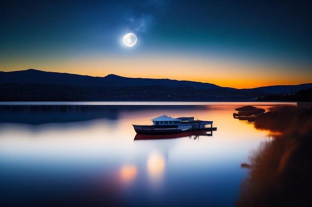 Un bateau sur un lac avec une pleine lune dans le ciel