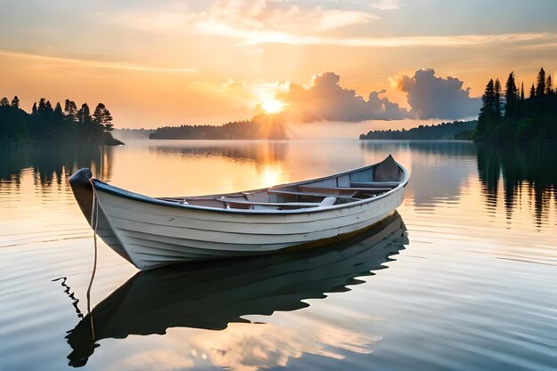 un bateau sur un lac avec le soleil couchant derrière lui.