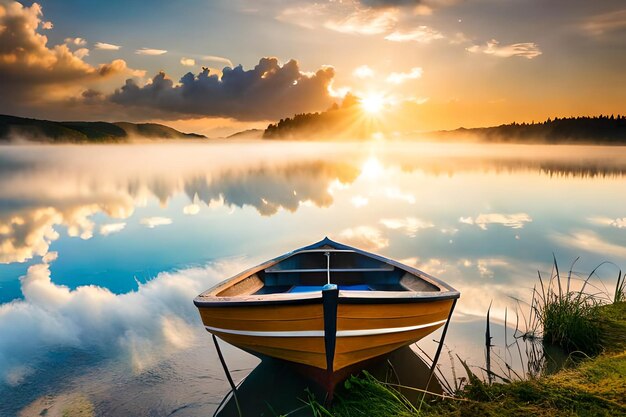 Photo un bateau sur un lac avec le soleil derrière lui