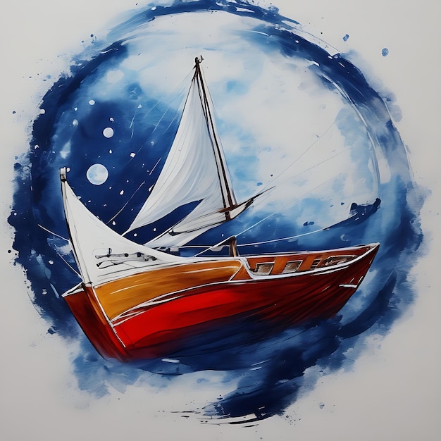 Un bateau une lune Art de la peinture abstraite Dessiné à la main par un pinceau sec de fond de peinture