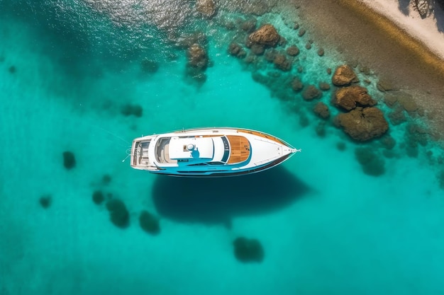 Bateau de luxe photo ancré près de la plage avec vue aérienne générée par ai