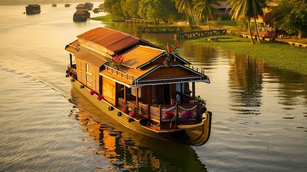 Photo un bateau-maison dans les eaux arrière d'alappuzha, au kerala