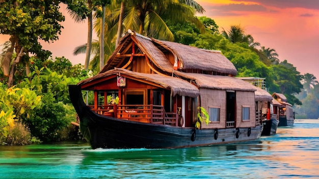 Photo un bateau-maison dans les eaux arrière d'alappuzha, au kerala