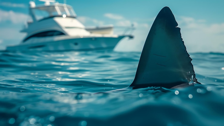 Photo un bateau en mer avec une nageoire de requin à la surface
