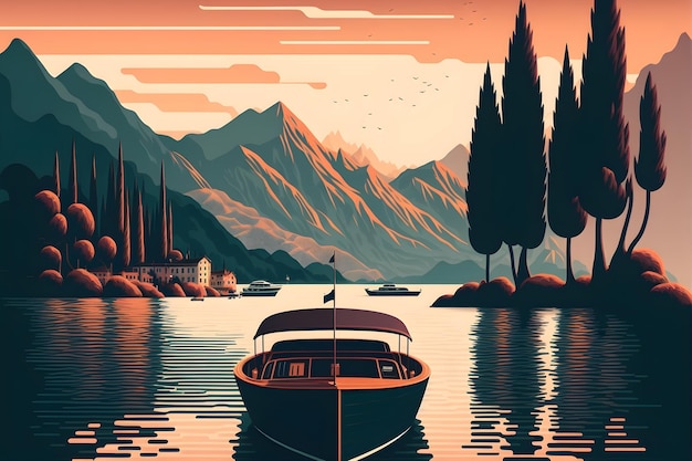 Bateau moderne du milieu du siècle au coucher du soleil paysage illustration générative ai