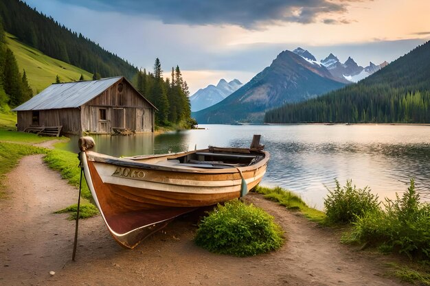 Un bateau avec le mot " dessus est sur le lac.