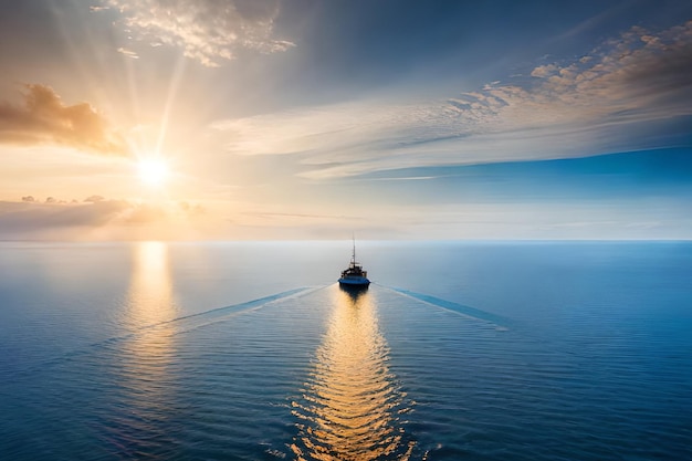 Photo un bateau naviguant dans l'océan avec le coucher de soleil derrière lui