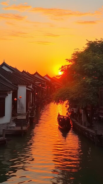 Photo un bateau navigue sur un canal avec le soleil qui se couche derrière lui