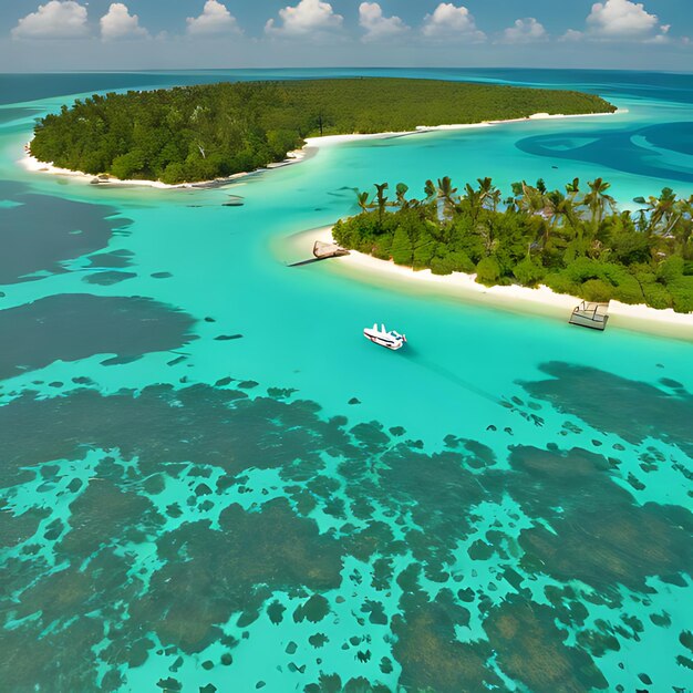 un bateau navigue dans l'eau près d'une plage