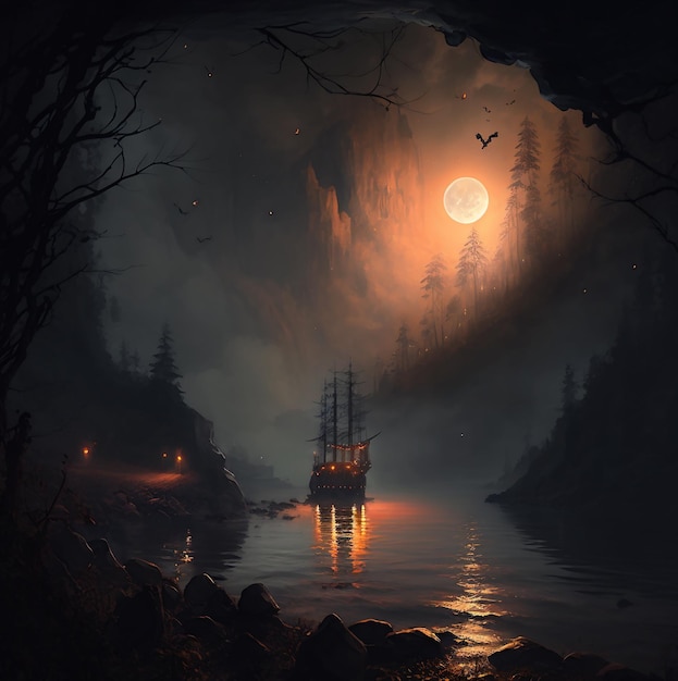 Un bateau navigue dans une grotte sombre avec une lune en arrière-plan.