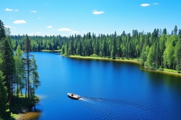 Photo un bateau navigue dans un lac entouré d'arbres