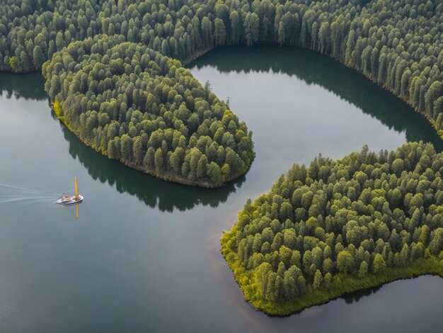 un bateau navigue dans un lac entouré d'arbres