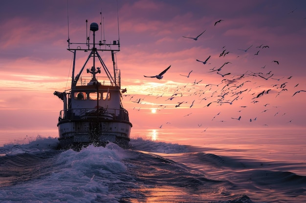 Un bateau navigue dans l'océan avec un beau coucher de soleil en arrière-plan