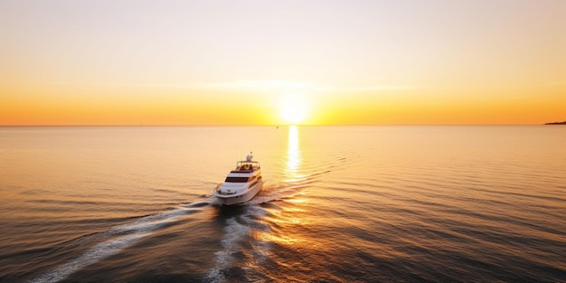 Un bateau navigue devant un coucher de soleil.