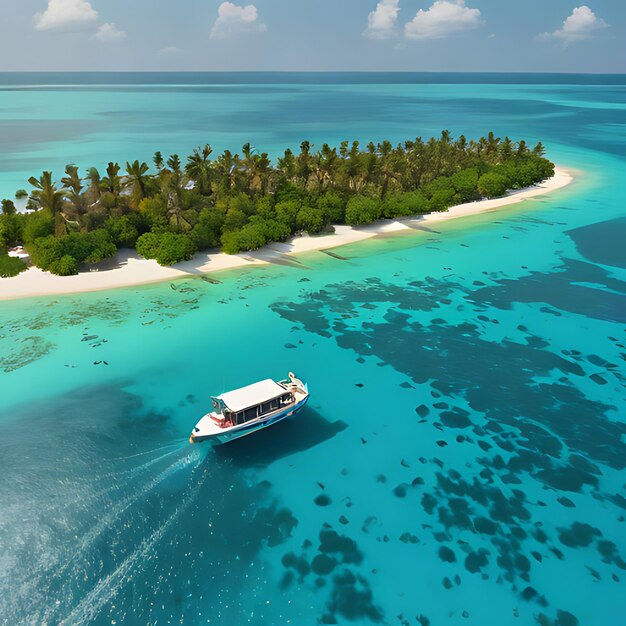 un bateau navigue sur l'eau avec une plage en arrière-plan