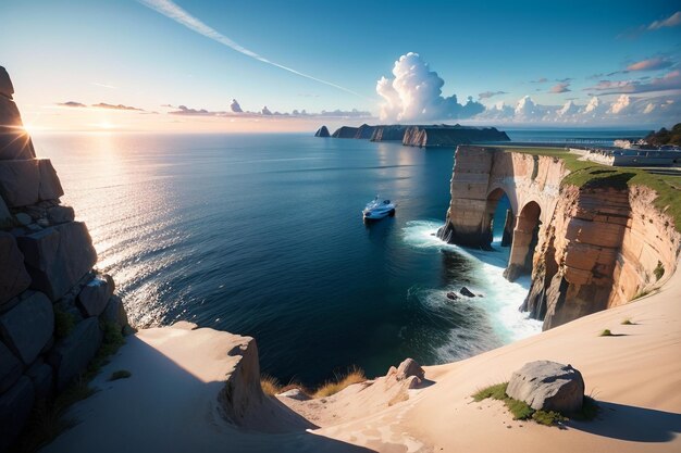 Un bateau navigue sur une falaise surplombant un plan d'eau.