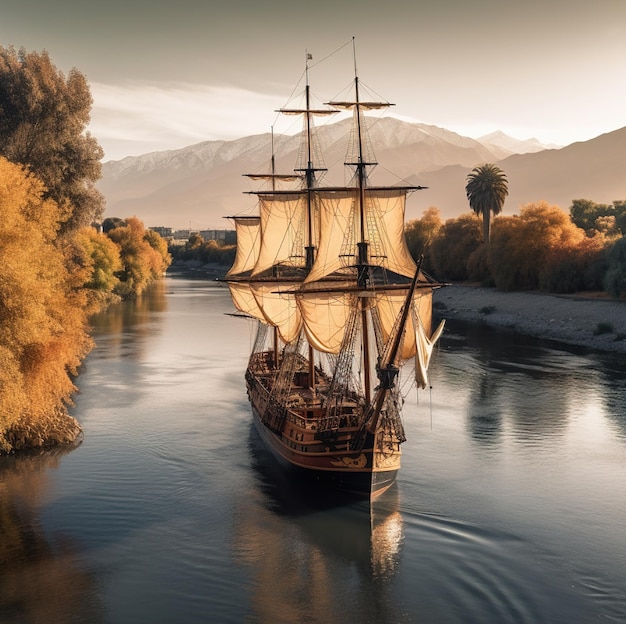 Un bateau navigue sur une rivière avec des arbres et des montagnes en arrière-plan.