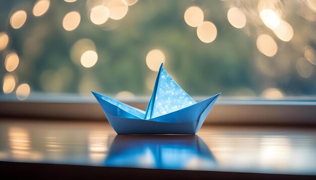 Photo un bateau en papier bleu sur la table