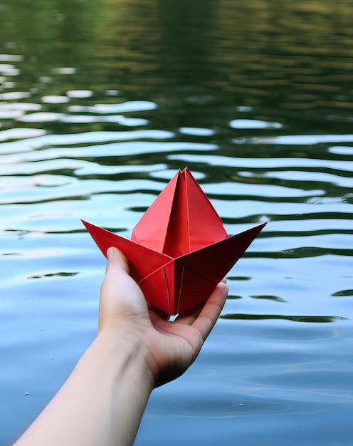 Bateau en papier dans la main d'un enfant sur fond de surface d'un étang ou d'un lac