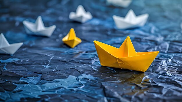 Photo un bateau en papier jaune vif au milieu de bateaux blancs sur l'eau bleue un concept remarquable dans une mer de uniformité une scène d'artisanat en papier créative et vivante ai