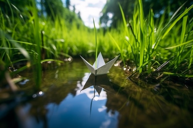 Bateau en papier naviguant le long de la rivière à la forêt à l'aube Generative AI