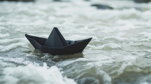 un bateau en papier noir sur l'eau