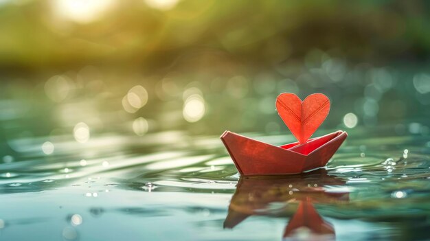 Un bateau en papier origami avec un cœur naviguant sur l'eau