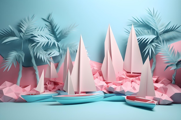 Un bateau en papier sur la plage avec un palmier en arrière-plan.