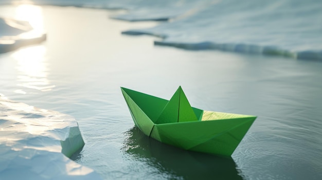 un bateau en papier vert sur l'eau