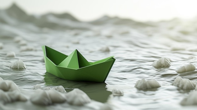 un bateau en papier vert sur l'eau