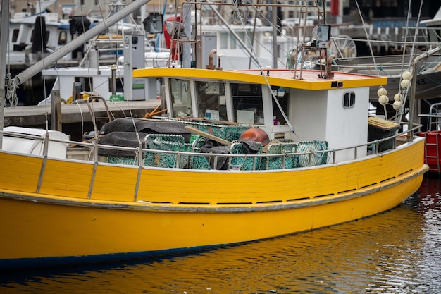 Bateau de pêche amarré à une bouée dans une marina au printemps