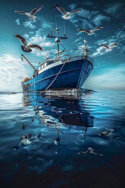 un bateau de pêche bleu sur une mer calme