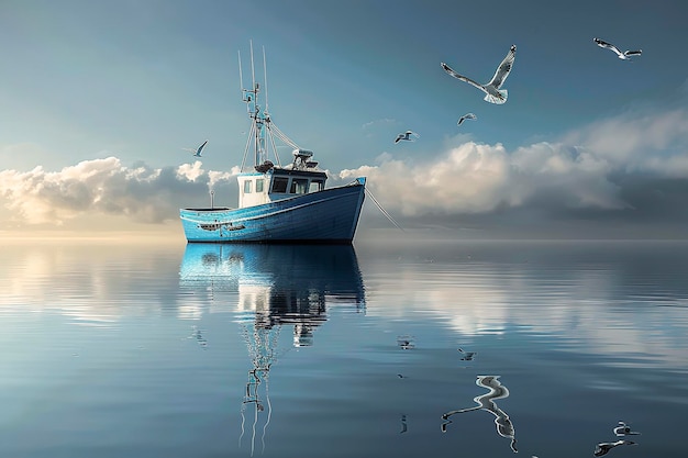 un bateau de pêche bleu sur une mer calme