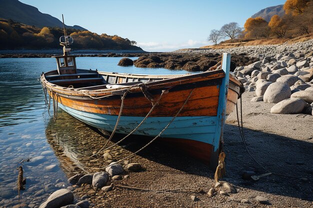 un bateau de pêche en bois classique ancré dans une baie tranquille généré par l'IA