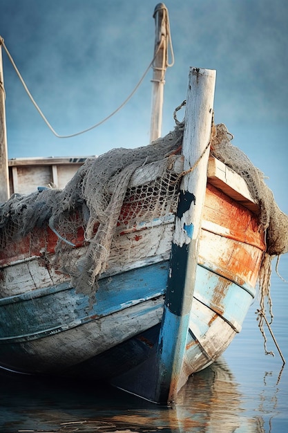 Photo bateau de pêche en bois dur avec des cordes de poupe