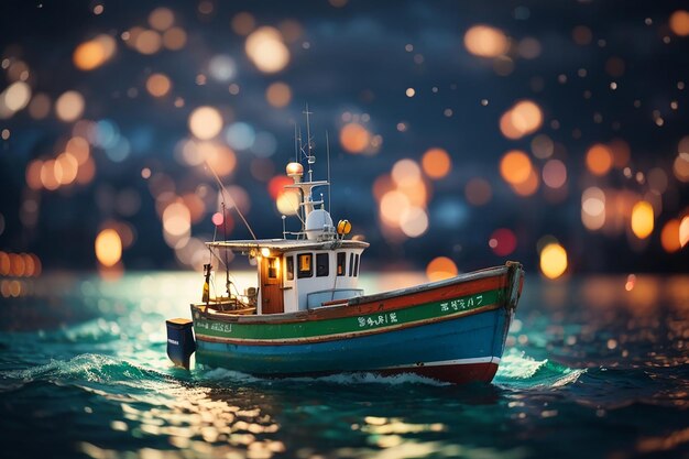 Photo bateau de pêche sur l'eau avec un arrière-plan clair bokeh