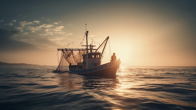 Un bateau de pêche flotte sur l'eau avec le coucher de soleil derrière lui.