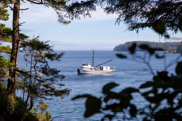 Bateau de pêche garé dans l'océan pendant une journée d'été ensoleillée et animée