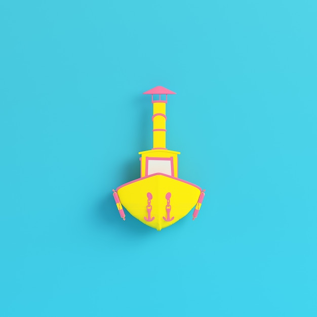 Bateau de pêche jaune sur fond bleu vif dans des couleurs pastel. Rendu 3D